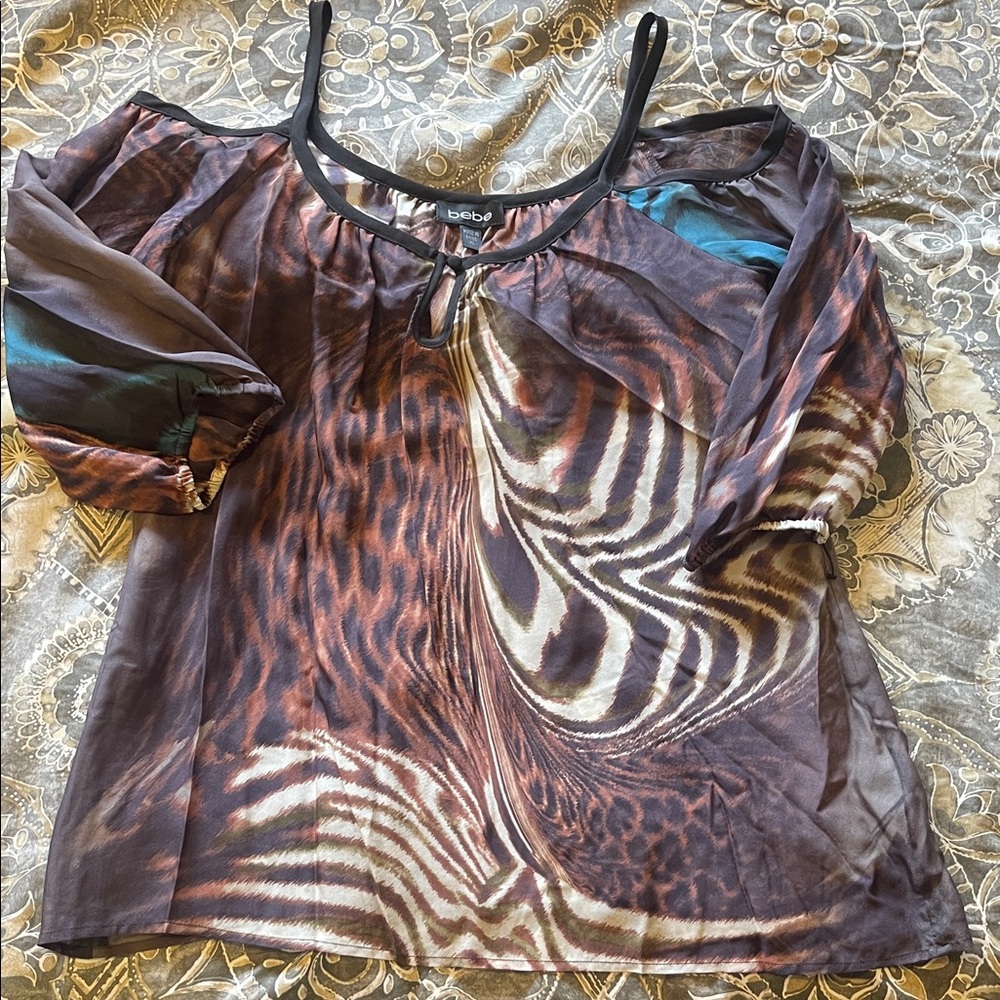 bebe Brown and Teal Animal-Print Sheer Tunic